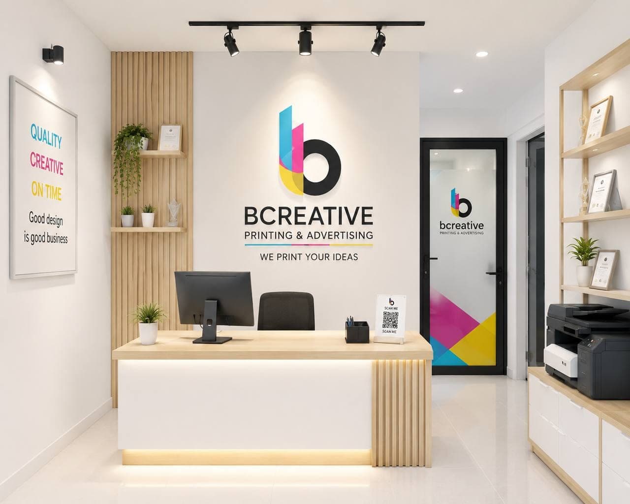 BCREATIVE studio and reception at Hailu Mihertu Bldg, 4 Kilo, Addis Ababa featuring 3D dimensional lettering, custom frosted glass door graphics, and branded office interior