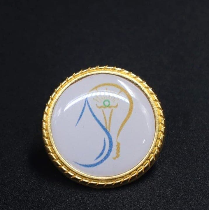 Round gold lapel pin with a rope edge and a printed blue and gold emblem, on black