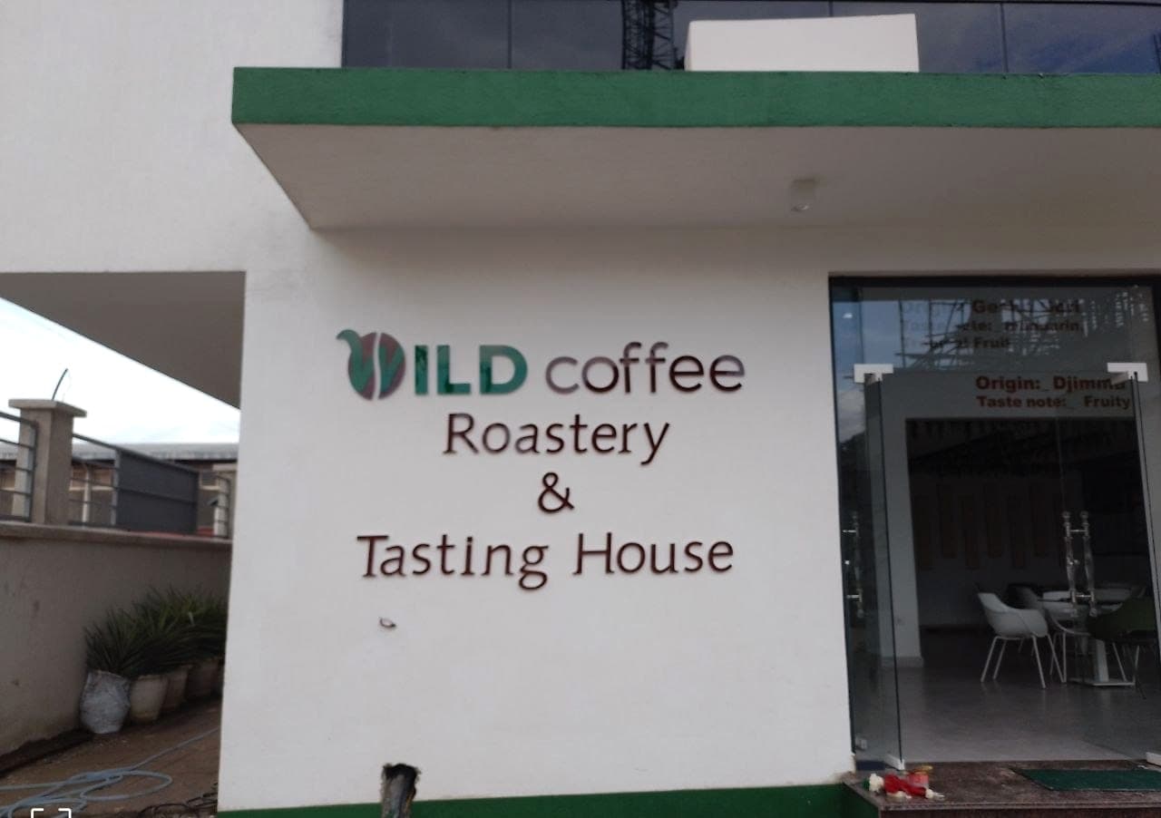 Dimensional lettering reading Wild Coffee Roastery & Tasting House, in green and brown on a white rendered frontage beside the glazed entrance