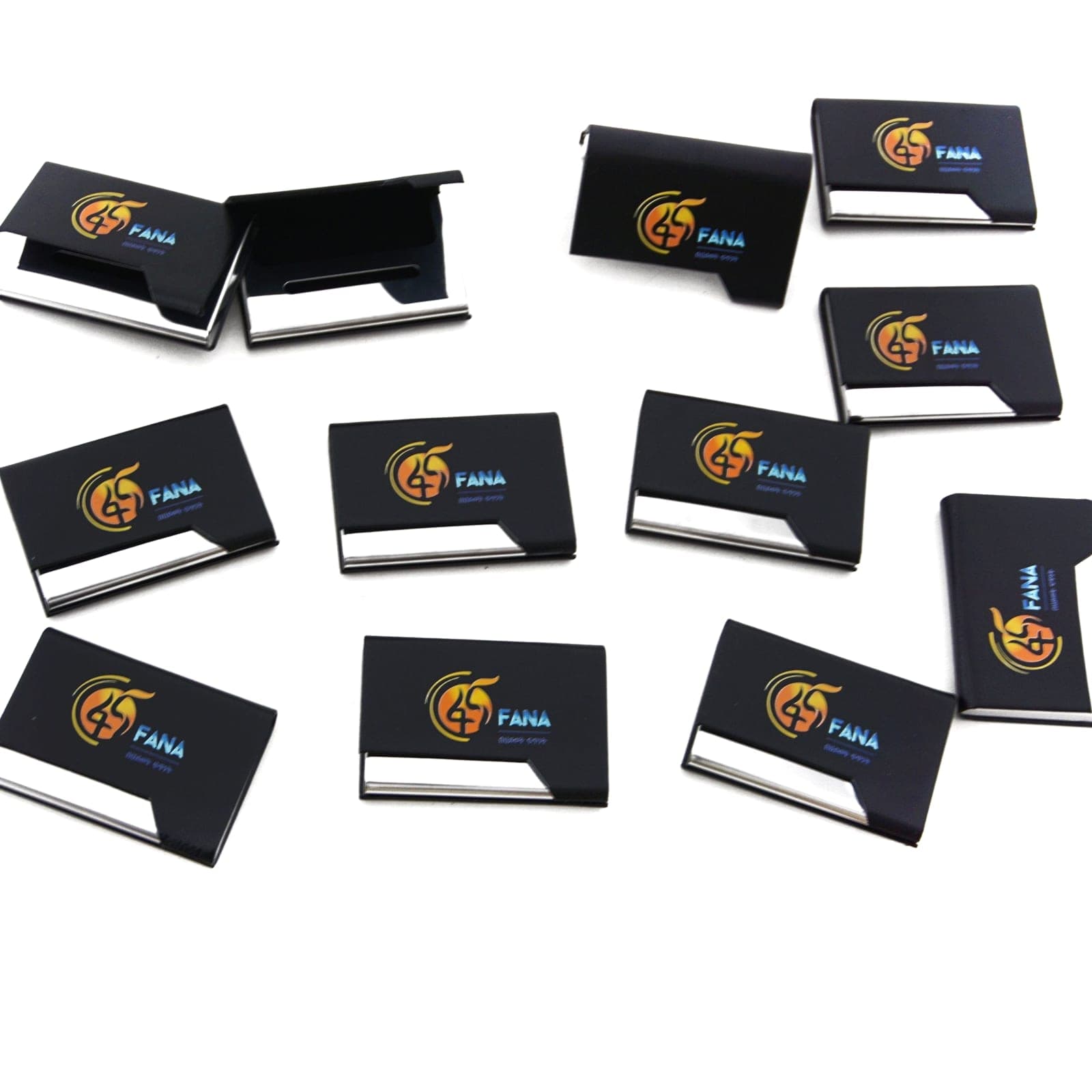Ten black metal business-card holders arranged on white, each printed with the Fana 45 anniversary logo