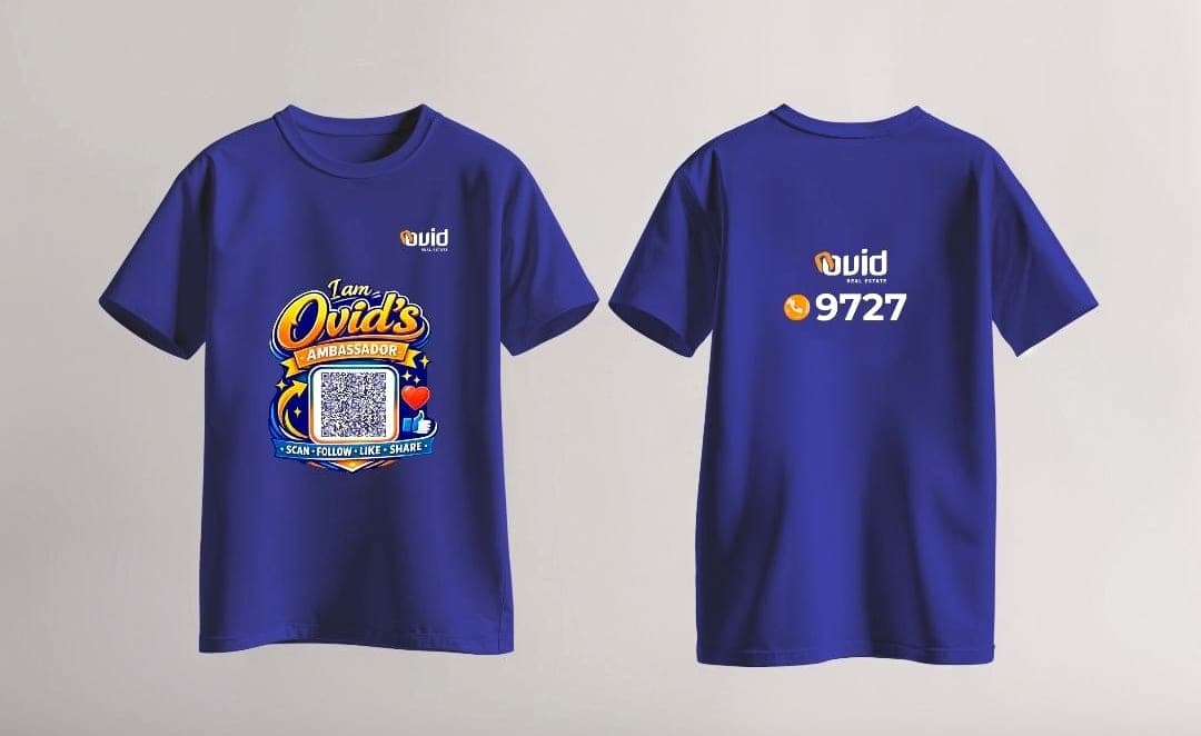 Blue Ovid Real Estate ambassador t-shirt showing a QR code on the front and the hotline on the back