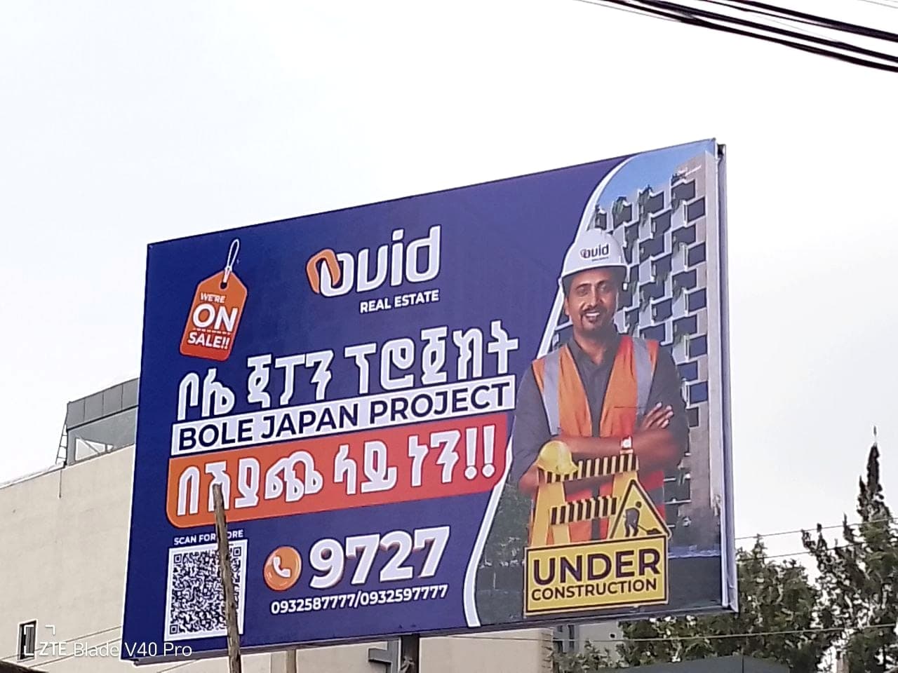 Roadside Ovid Real Estate billboard advertising the Bole Japan Project, photographed from below against the sky